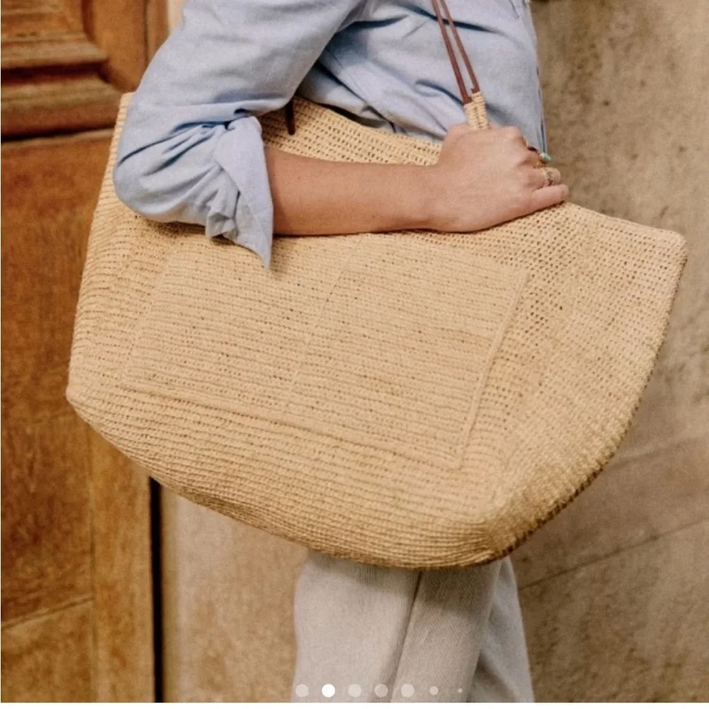 Sezane Paloma Bag Natural Crochet Straw Tote with Brown Leather Handles